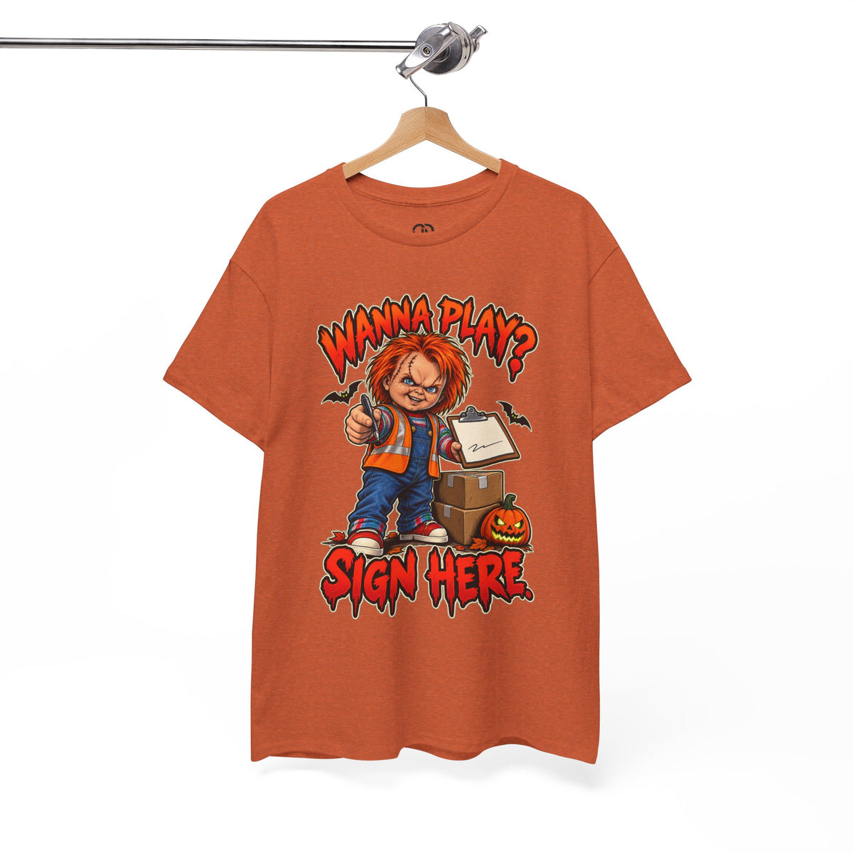 Horror Tee — "Wanna Play? Sign Here." Chucky Halloween T-Shirt