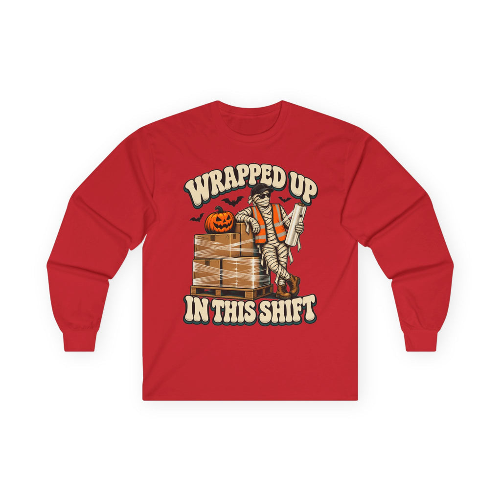 Wrapped Up in This Shift Halloween Long Sleeve Shirt | Warehouse Worker & Night Shift Mummy Tee