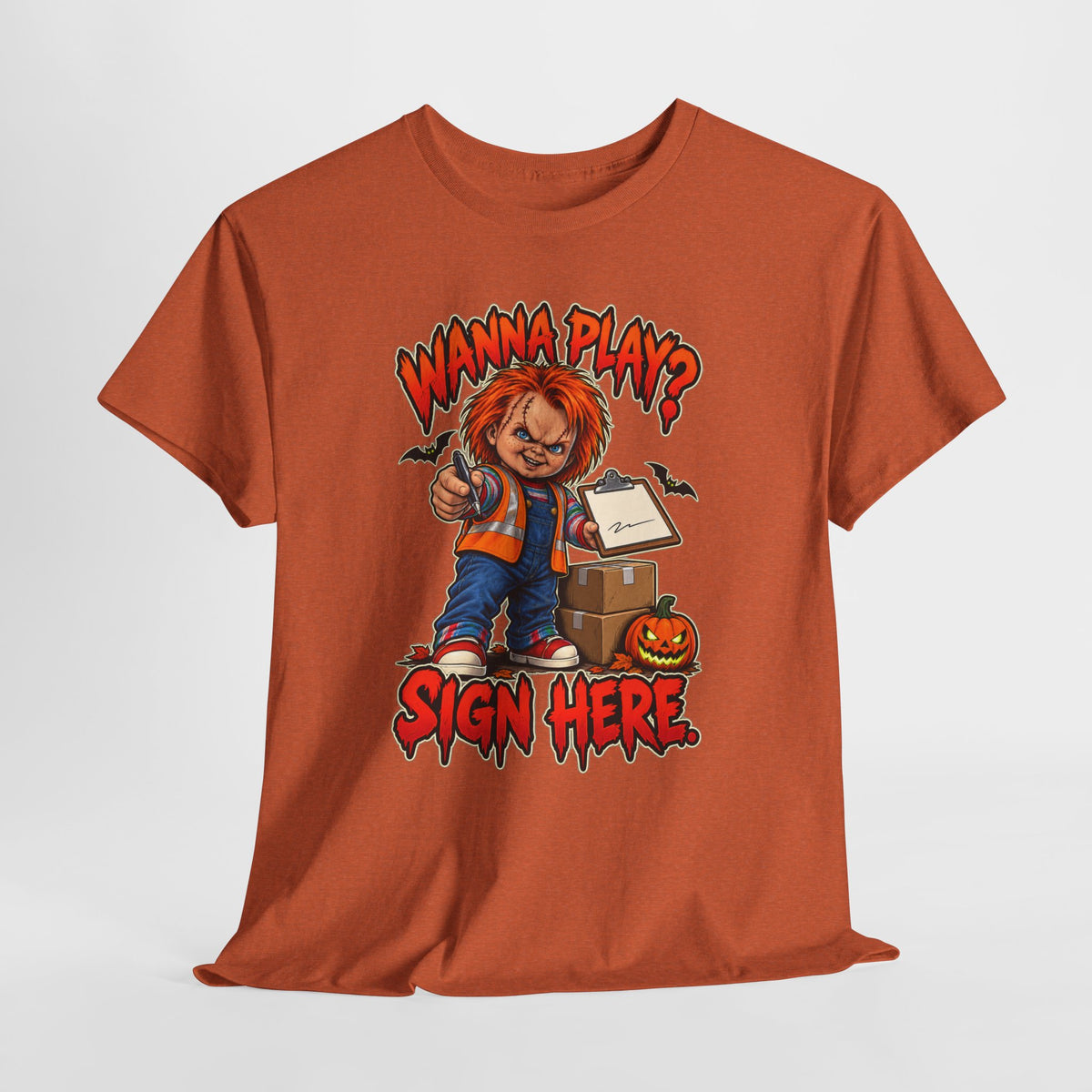 Horror Tee — "Wanna Play? Sign Here." Chucky Halloween T-Shirt