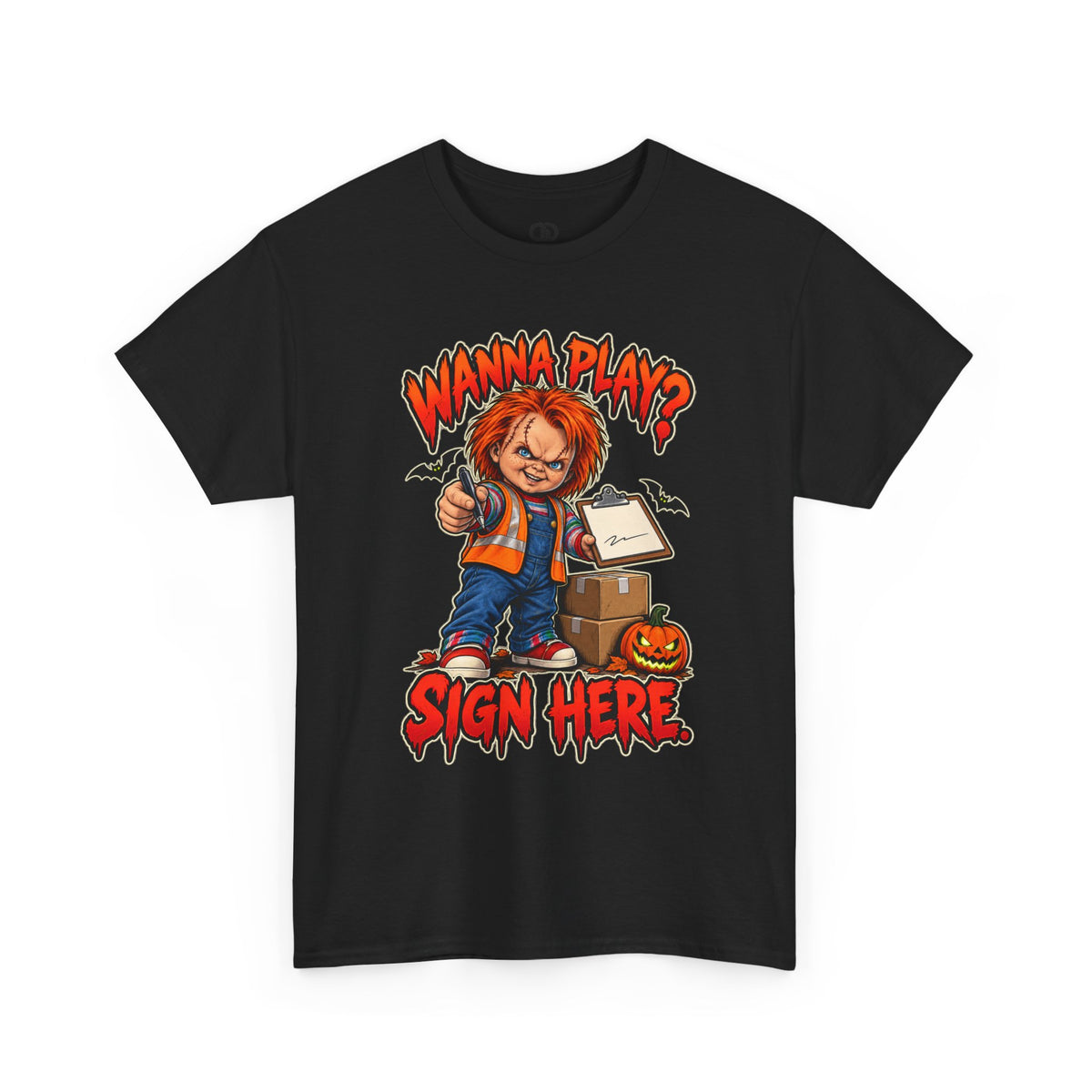 Horror Tee — "Wanna Play? Sign Here." Chucky Halloween T-Shirt