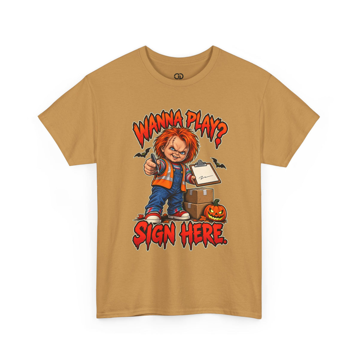 Horror Tee — "Wanna Play? Sign Here." Chucky Halloween T-Shirt