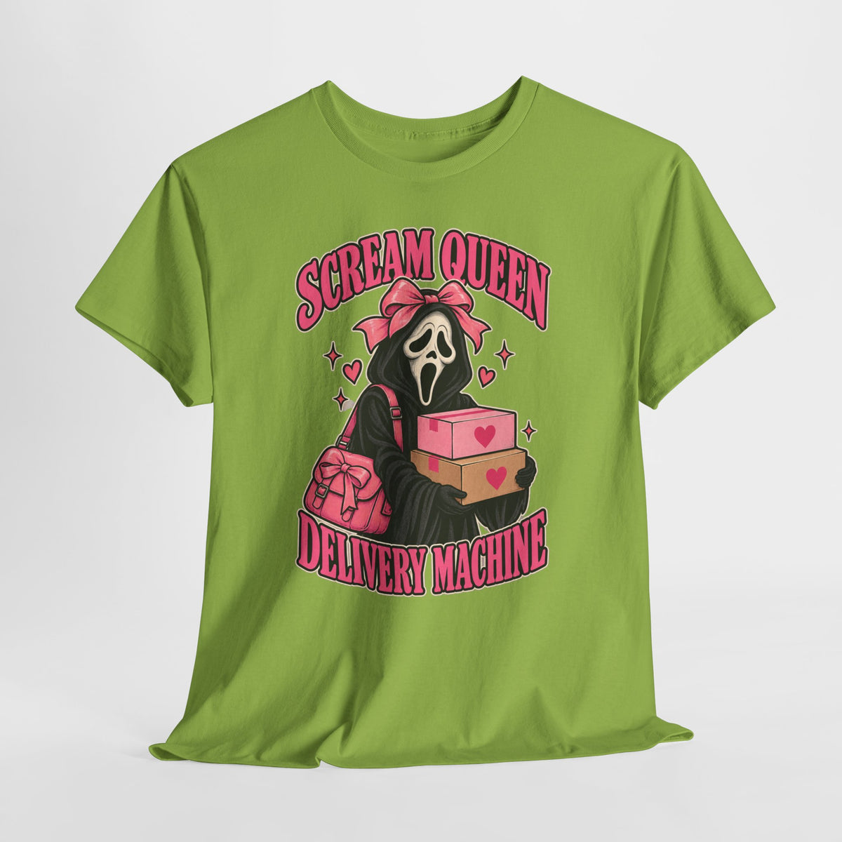 Scream Queen Delivery Machine Halloween graphic tee with pink packages