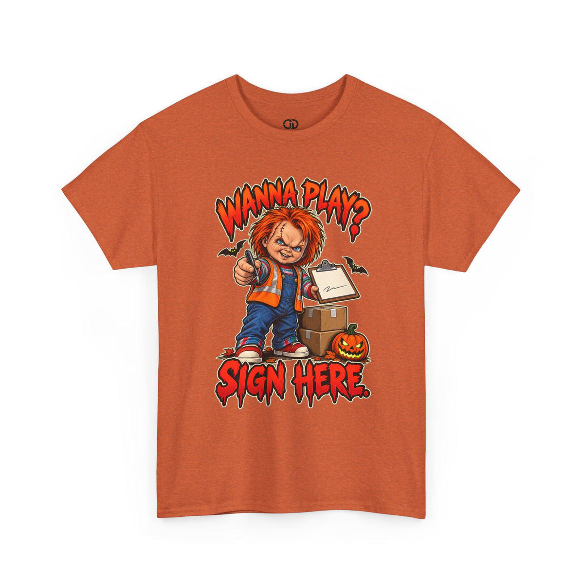 Horror Tee — "Wanna Play? Sign Here." Chucky Halloween T-Shirt