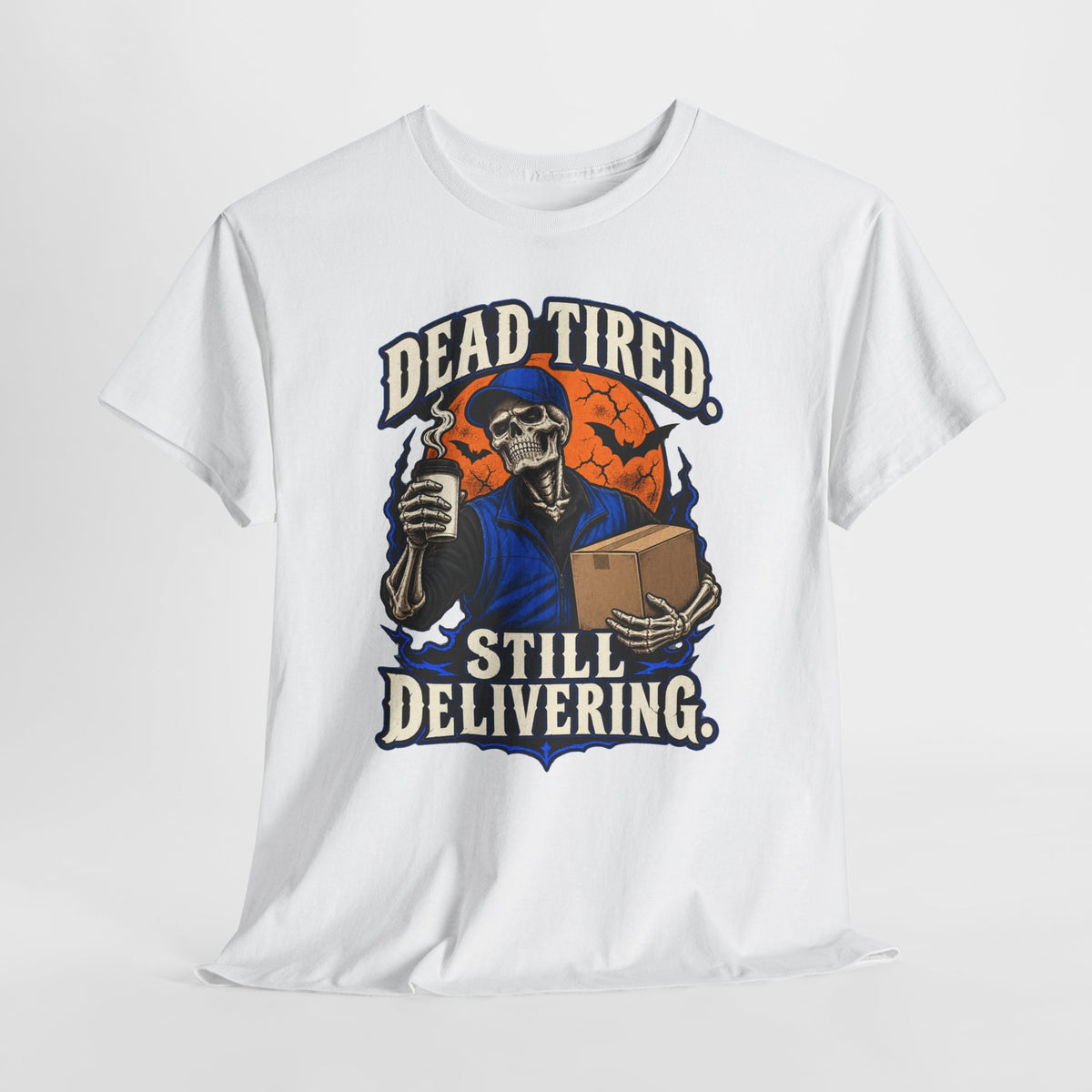 Men's Halloween Shirt | Dead Tired Still Delivering Tee | Grim Reaper Delivery Skull Shirt