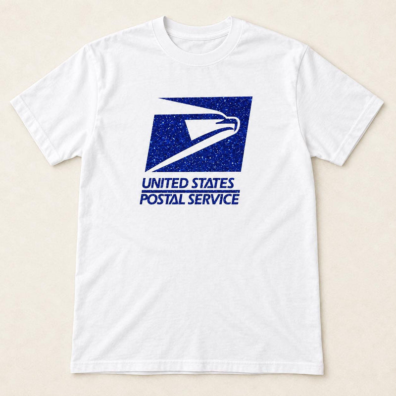 White OG postal worker graphic tee with a blue eagle design