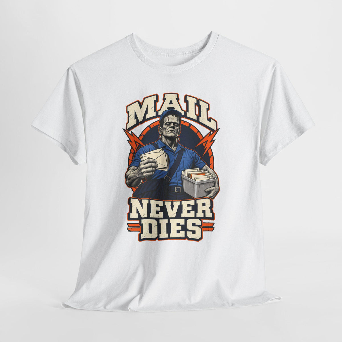 White Mail Never Dies graphic tee with a vintage Halloween mail carrier illustration